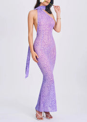Organic Purple Leopard Print Cold Shoulder Tulle Long Dresses Summer