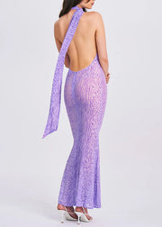 Organic Purple Leopard Print Cold Shoulder Tulle Long Dresses Summer