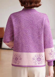 Organic Purple Patchwork Knit Cardigans And Sweaters Two Pieces Set Three Quarter Sleeve