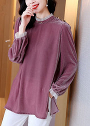 Organic Purple Stand Collar Silk Velour T Shirt Fall