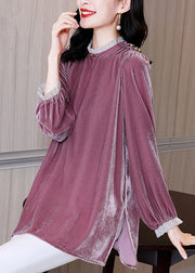 Organic Purple Stand Collar Silk Velour T Shirt Fall