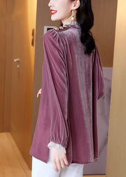 Organic Purple Stand Collar Silk Velour T Shirt Fall