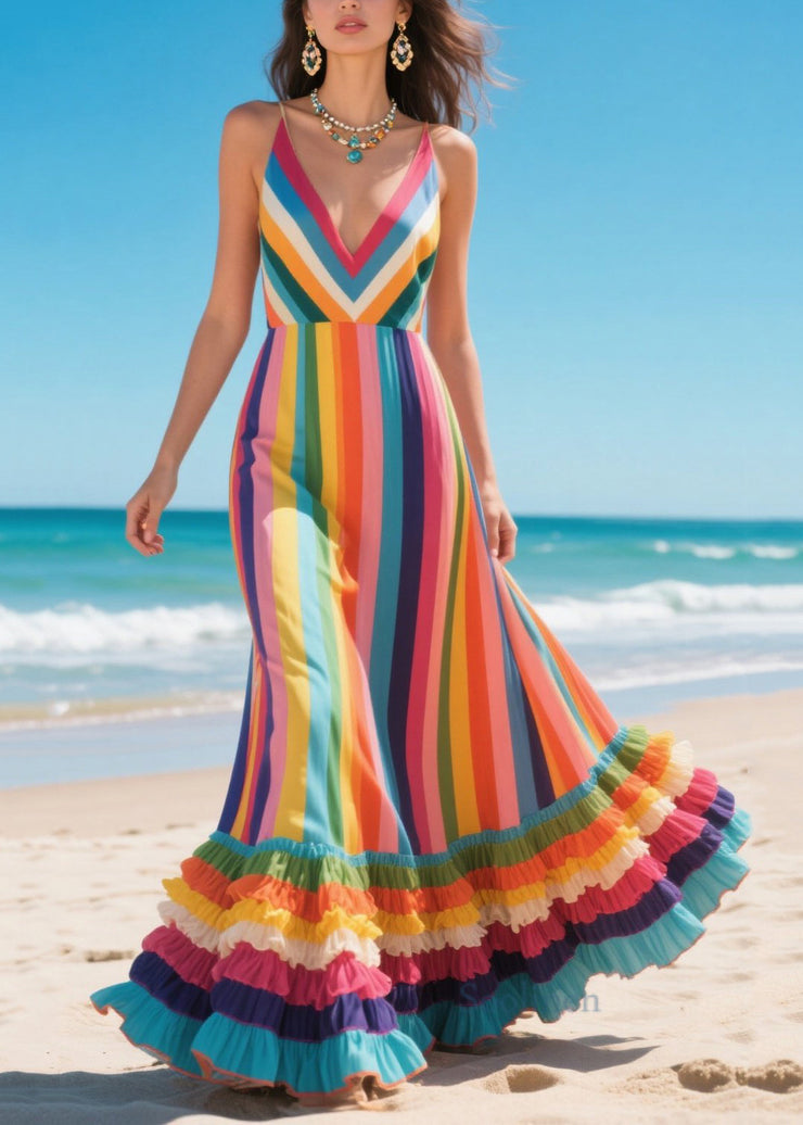 Organic Rainbow Ruffled Patchwork Chiffon Cami Dresses Summer
