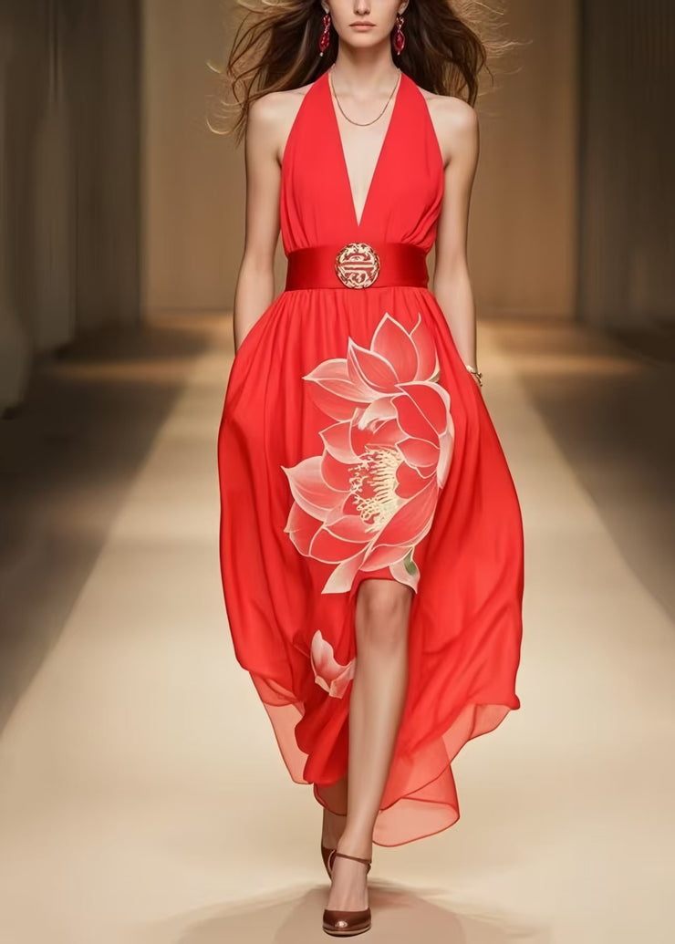 Organic Red Cold Shoulder Floral Chiffon Halter Dress Summer