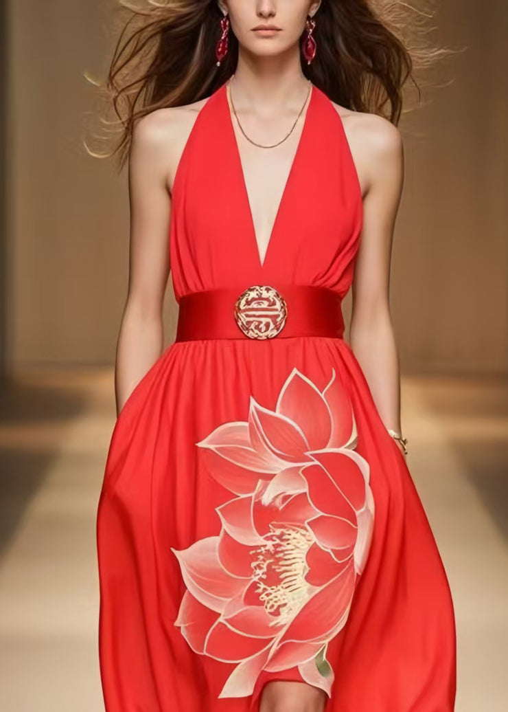 Organic Red Cold Shoulder Floral Chiffon Halter Dress Summer