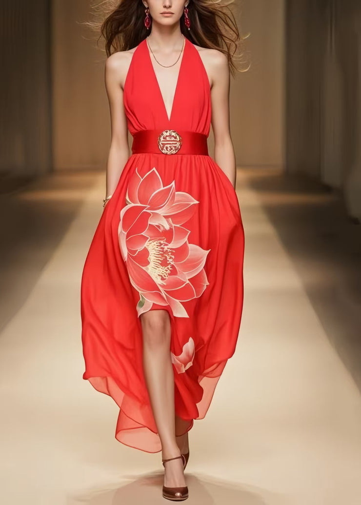 Organic Red Cold Shoulder Floral Chiffon Halter Dress Summer