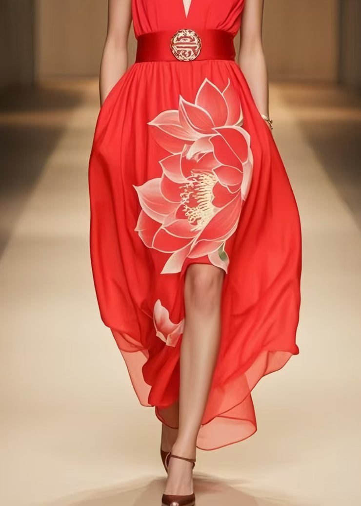 Organic Red Cold Shoulder Floral Chiffon Halter Dress Summer