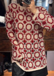 Organic Red O Neck Embroidered Knit Sweaters Fall