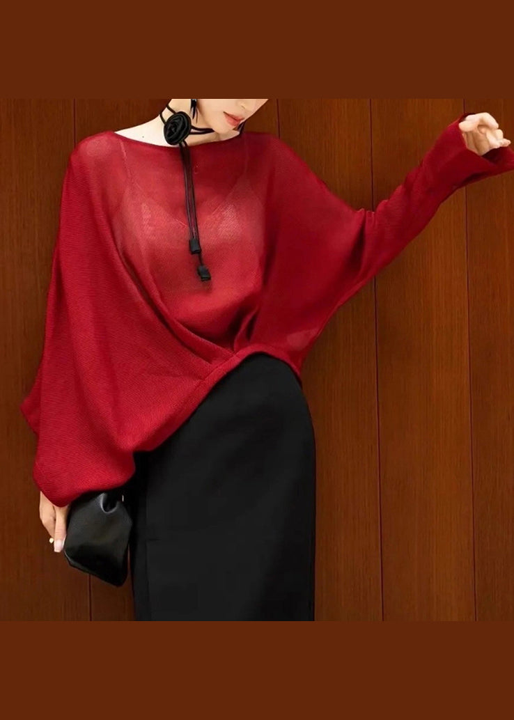 Organic Red Slash Neck Knit Sweaters Batwing Sleeve
