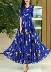 Organic Rose V Neck Print Wrinkled Chiffon Maxi Dresses Summer