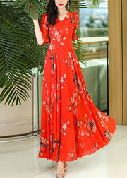 Organic Rose V Neck Print Wrinkled Chiffon Maxi Dresses Summer