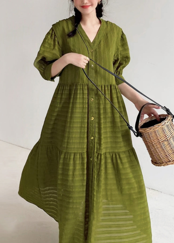 Organic Tea Green V Neck Striped Cotton Dress Summer
