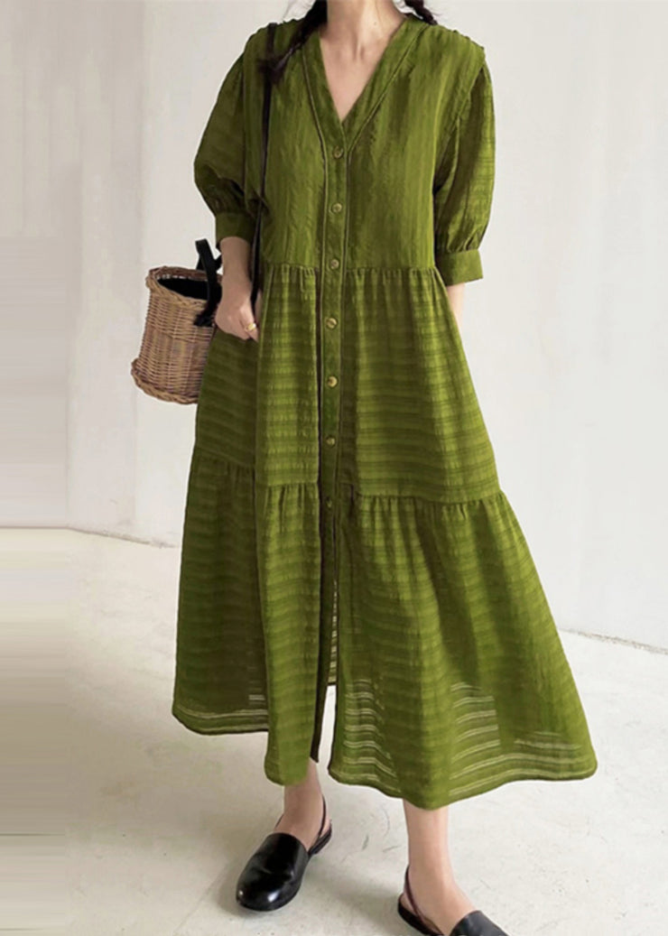 Organic Tea Green V Neck Striped Cotton Dress Summer