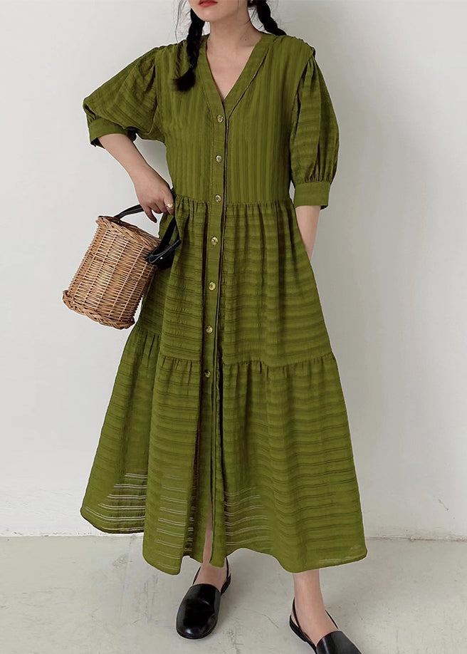 Organic Tea Green V Neck Striped Cotton Dress Summer