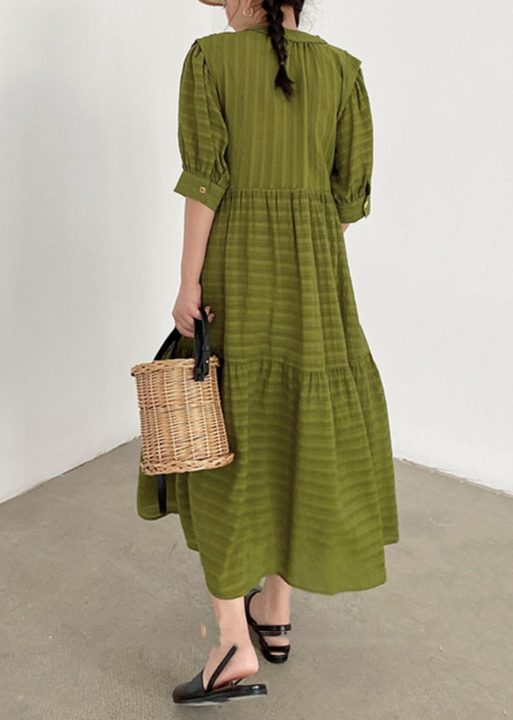 Organic Tea Green V Neck Striped Cotton Dress Summer