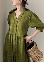 Organic Tea Green V Neck Striped Cotton Dress Summer