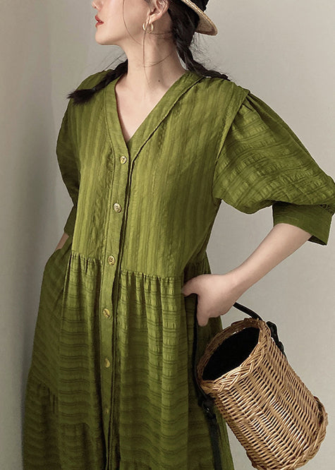 Organic Tea Green V Neck Striped Cotton Dress Summer