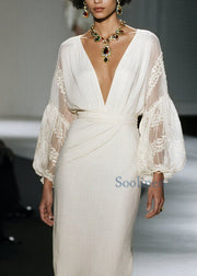 Organic V Neck Lace Patchwork Cotton Dress Fall