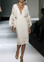 Organic V Neck Lace Patchwork Cotton Dress Fall