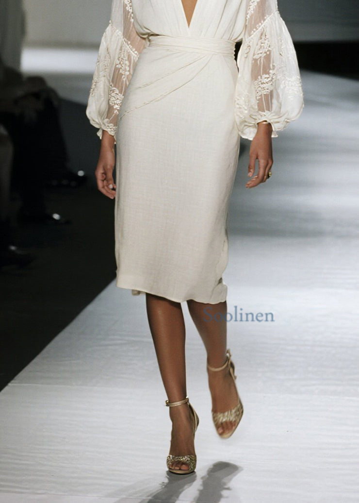 Organic V Neck Lace Patchwork Cotton Dress Fall