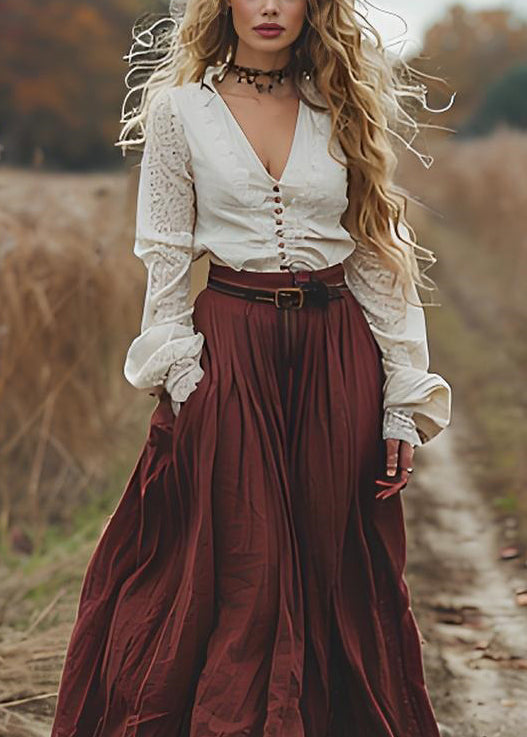 Organic V Neck Wrinkled Patchwork Cotton Maxi Dress Spring