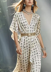 Organic White Cinched Print Silk Maxi Dresses Summer