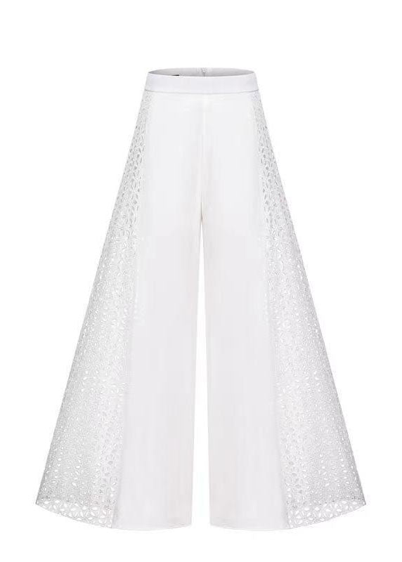 Organic White Hollow Out High Waist Lace Patchwork Chiffon Wide Leg Pants Spring