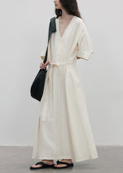 Organic White O Neck Lace Up Wrinkled Cotton Dress Summer