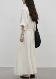 Organic White O Neck Lace Up Wrinkled Cotton Dress Summer