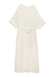 Organic White O Neck Lace Up Wrinkled Cotton Dress Summer