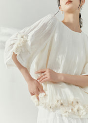 Organic White O-Neck Rivet Floral Top Summer