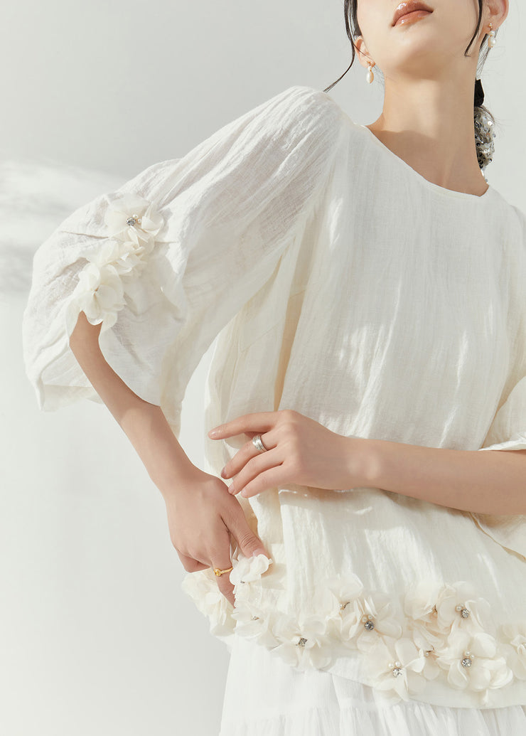 Organic White O-Neck Rivet Floral Top Summer