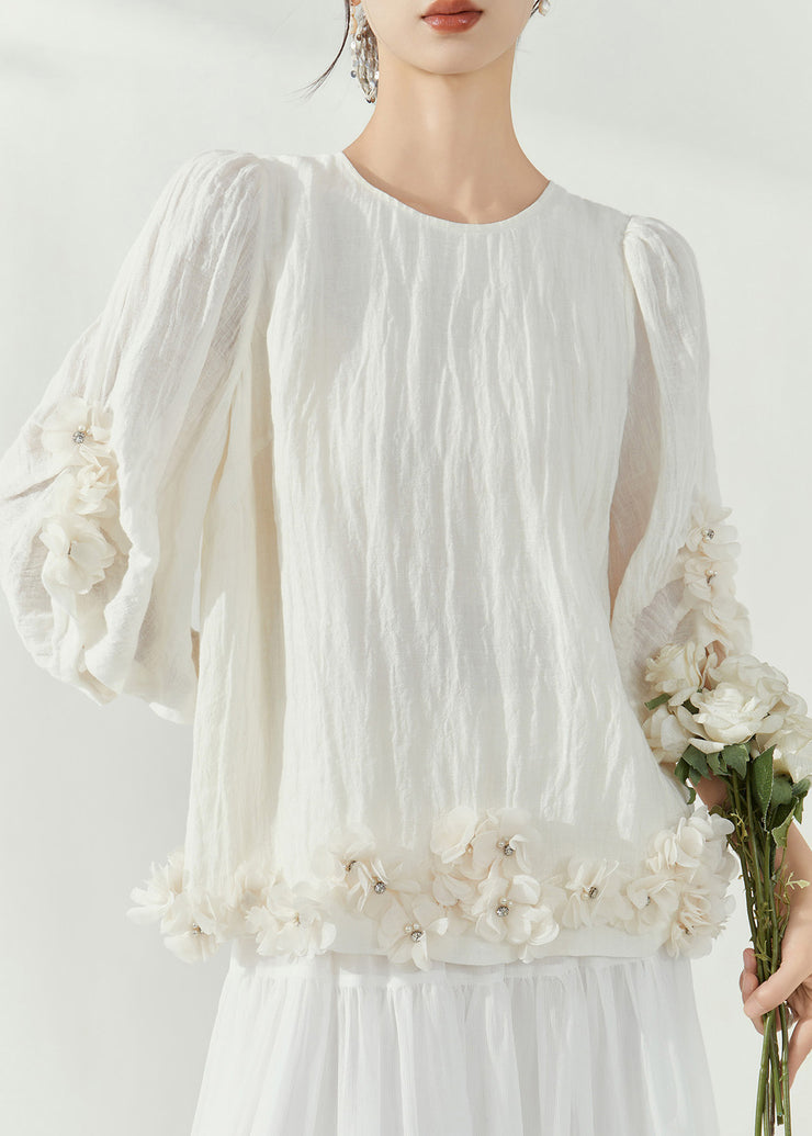 Organic White O-Neck Rivet Floral Top Summer