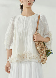 Organic White O-Neck Rivet Floral Top Summer