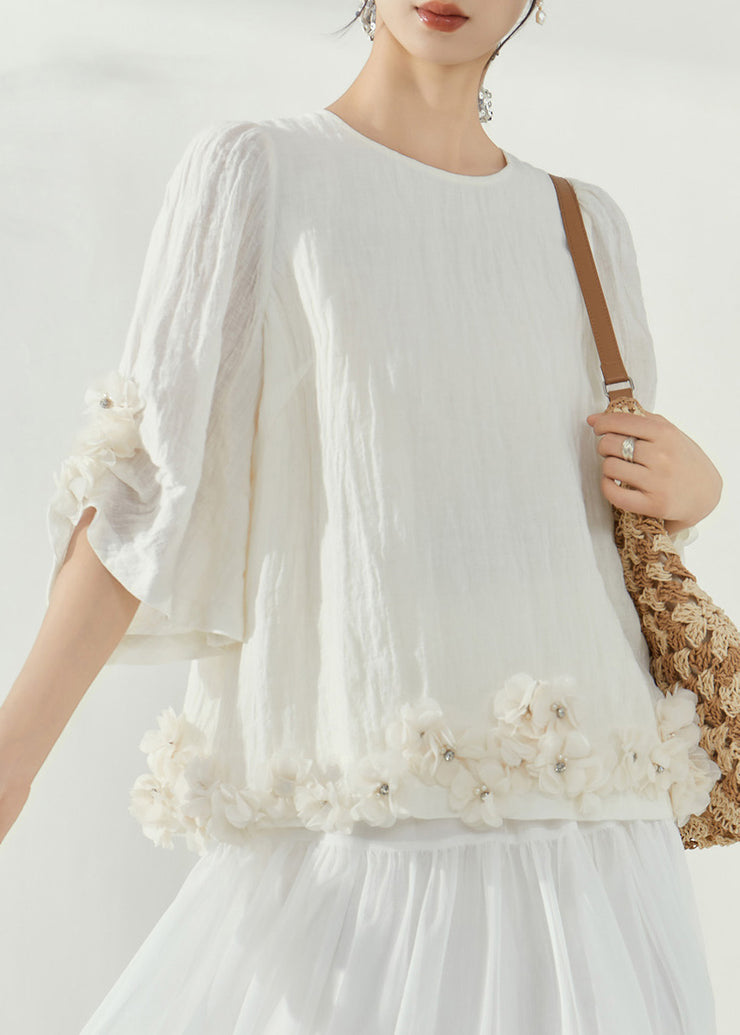 Organic White O-Neck Rivet Floral Top Summer