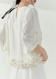 Organic White O-Neck Rivet Floral Top Summer