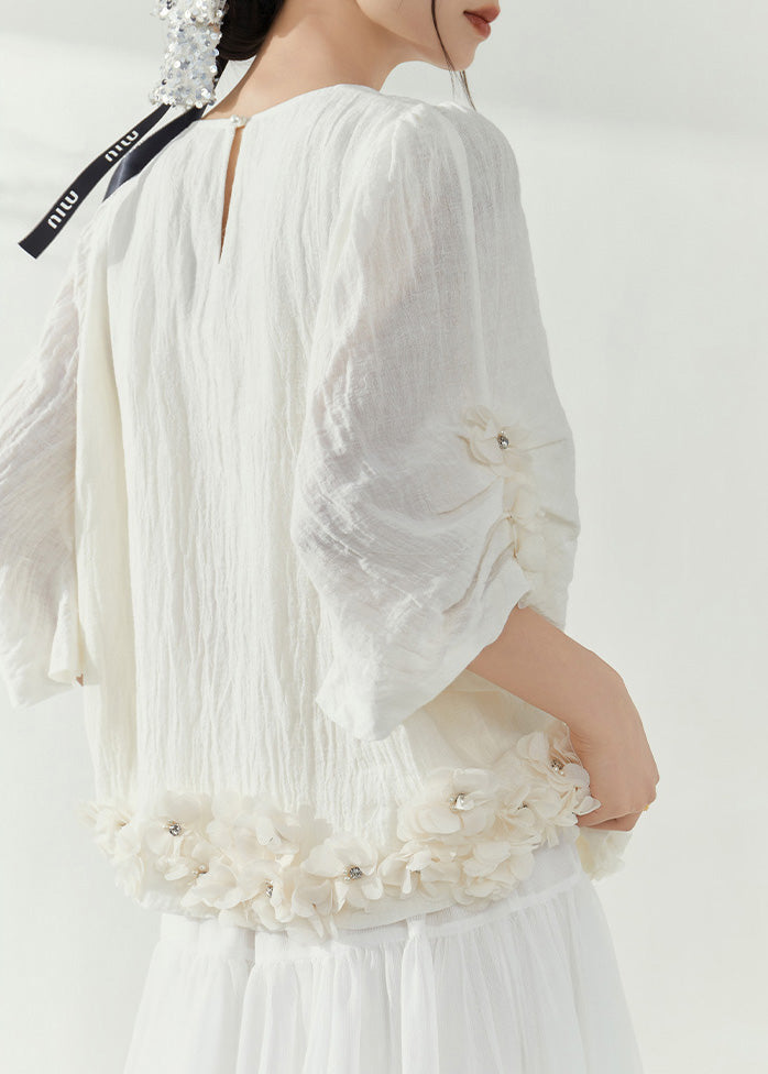 Organic White O-Neck Rivet Floral Top Summer