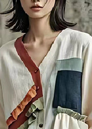 Organic White Ruffled Patchwork Linen Shirt Top Spring