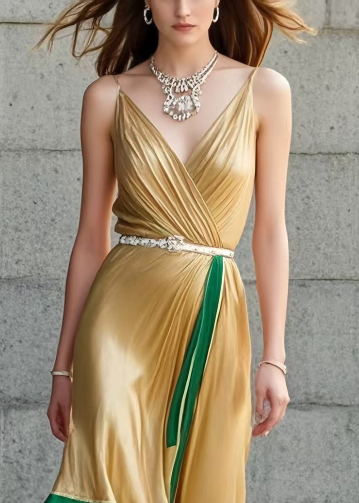 Organic Yellow Asymmetrical Patchwork Silk Spaghetti Strap Dress Summer