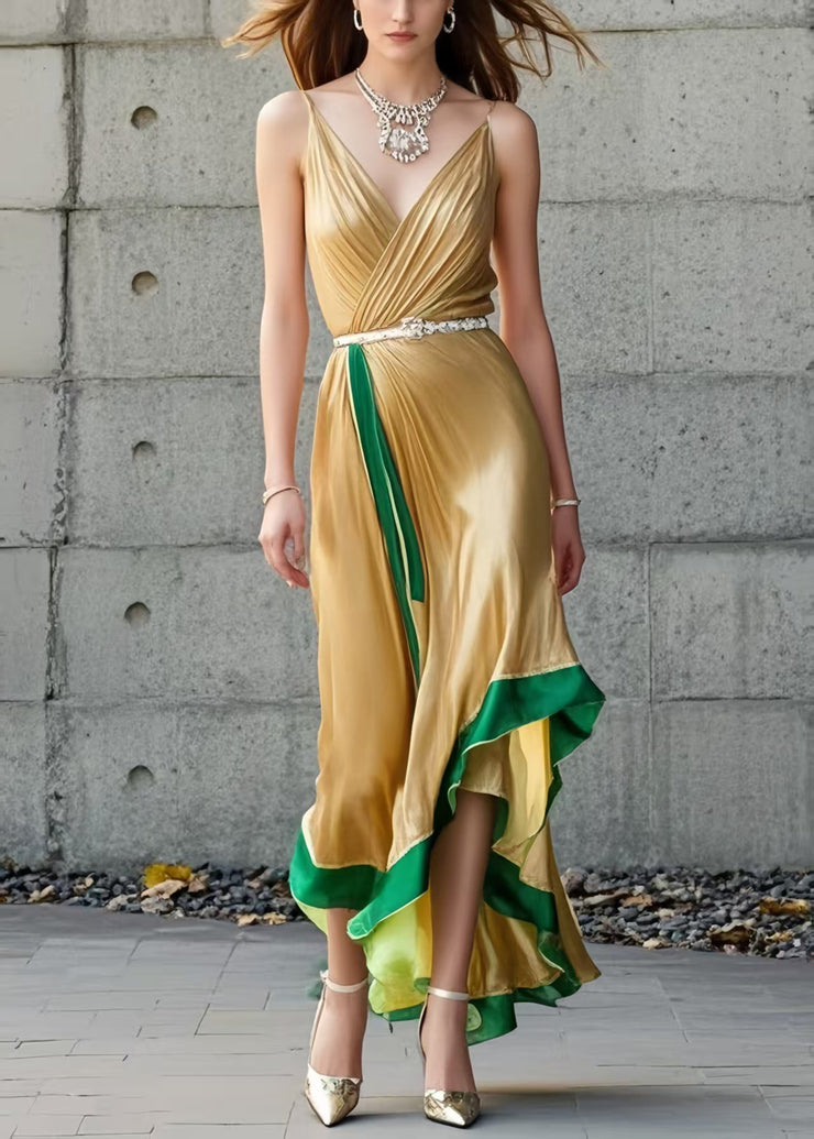 Organic Yellow Asymmetrical Patchwork Silk Spaghetti Strap Dress Summer