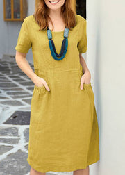 Organic Yellow Patchwork Pockets Solid Long Dress Short Sleeve