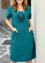 Organic Yellow Patchwork Pockets Solid Long Dress Short Sleeve