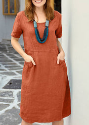 Organic Yellow Patchwork Pockets Solid Long Dress Short Sleeve