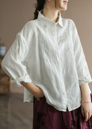 Organic Yellow Peter Pan Collar Embroideried Button Linen Shirts Long Sleeve