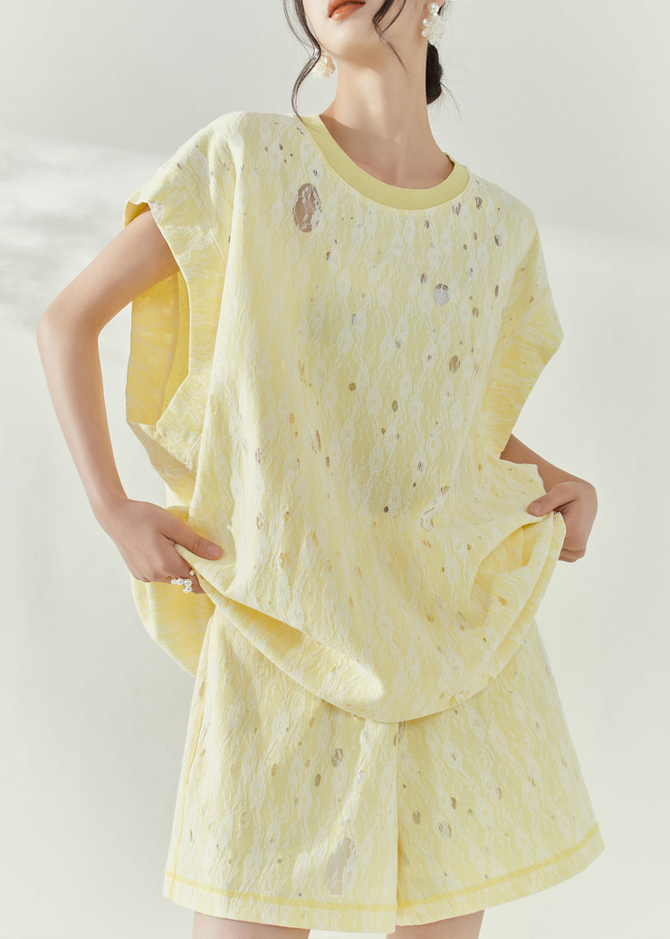 Organic Yellow Print Cotton Top And Shorts Two-Piece Set Short Sleeve