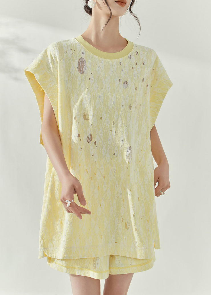 Organic Yellow Print Cotton Top And Shorts Two-Piece Set Short Sleeve