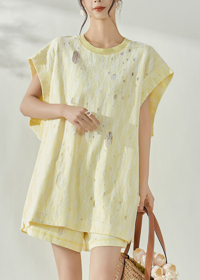 Organic Yellow Print Cotton Top And Shorts Two-Piece Set Short Sleeve