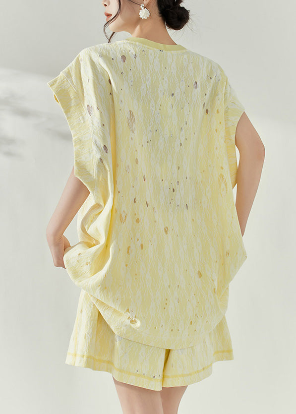 Organic Yellow Print Cotton Top And Shorts Two-Piece Set Short Sleeve