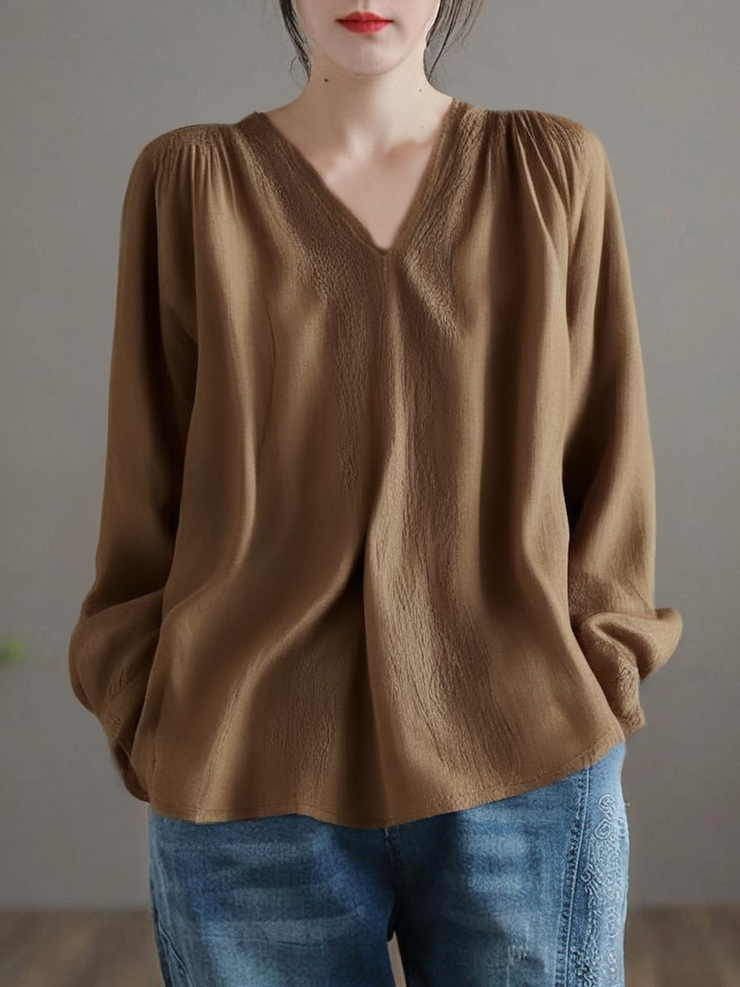 Organic V Neck Spring Tops Women Tunic Tops Army Green Embroidery Grace
