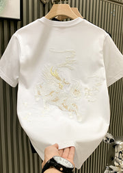 Oriental White O Neck Embroideried Cotton Mens T Shirts Summer